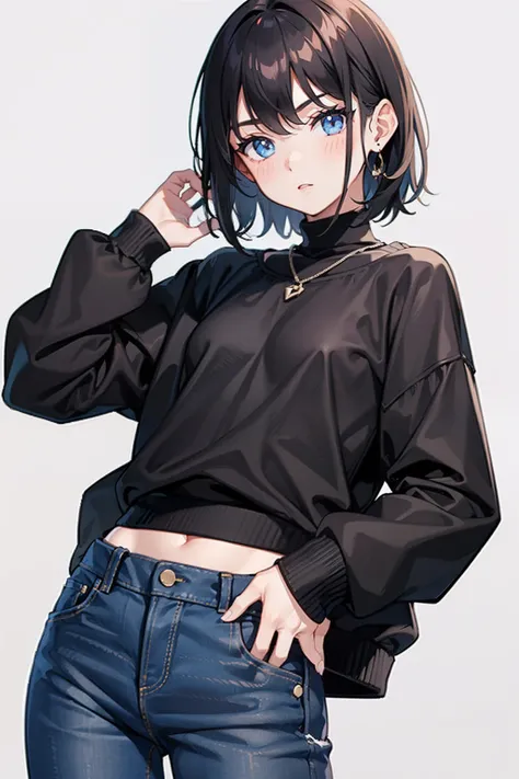 1girl, flat chest, jeans, black short hair, black sweater, cute