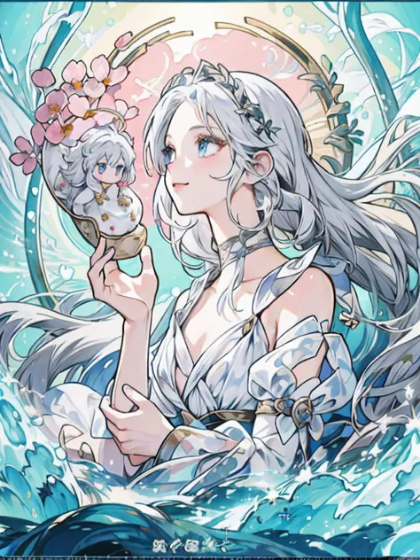 anime girl with long silver hair standing in water with flowers, anime goddess, white haired deity, trending on artstation pixiv, cute anime waifu in a nice dress, ((a beautiful fantasy empress)), beautiful anime artwork, ”beautiful anime woman, portrait k...