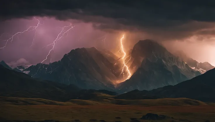 Golden Holy Light Shines, Lightning Illuminates the Whole Sky, Bright Image, Protruding Mountains, Realistic, Ultra-Realistic, 8K, Heavy Rain, 5 Rays, Shot by Canon 5D by MARK IV, 25-105mm