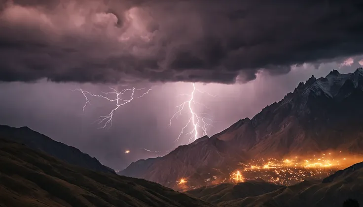 Golden Holy Light Shines, Lightning Illuminates the Whole Sky, Bright Image, Protruding Mountains, Realistic, Ultra-Realistic, 8K, Heavy Rain, 5 Rays, Shot by Canon 5D by MARK IV, 25-105mm