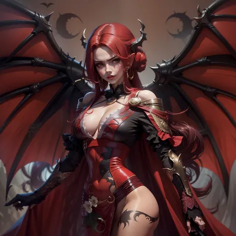 Realistic, 1 menina, succubus in red sweeter, (((cabelo curto))), (((long hair)))), cabelo vermelho, ruiva, asas de morcego, asas grandes, big bat wings castlevania, 30 anos, espartilho preto, look of malice, olhar SENSUAL, corpo exposto, mostrando corpo, ...