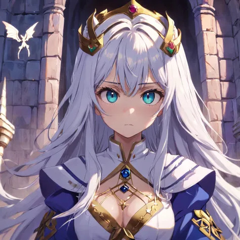 The Convicted Empress is outside the castle，She has heterochromic pupils，full bodyesbian，Holding a bow。