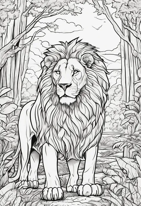 Lion coloring book in the forest,Cartoon style,thickline,color no,white backgrounid,Dash only