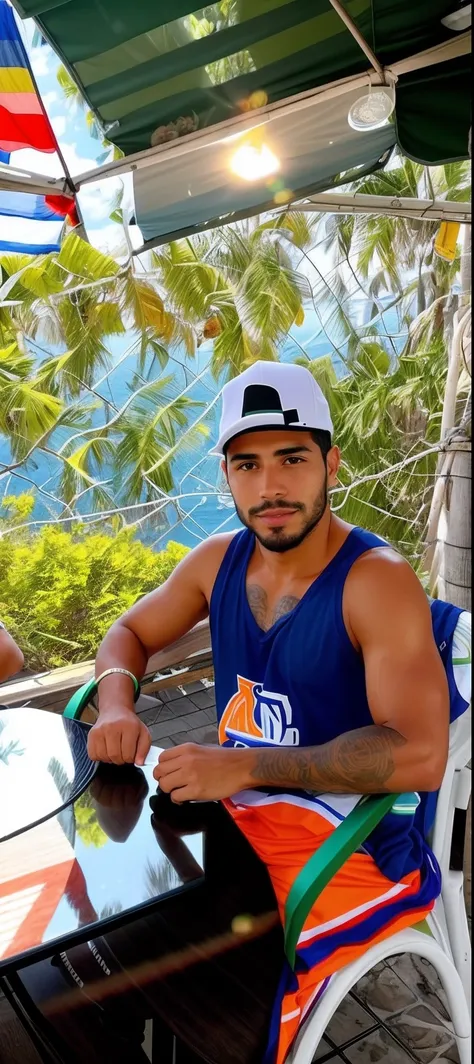 there is a man sitting at a table with a hat on, david rios ferreira, andres rios, caio santos, carmelo blandino, jose miguel roman frances, 27 years old, 29 years old, victor maristane, about 25 years old, zigor samaniego, 3 2 years old, ronaldo luis naza...