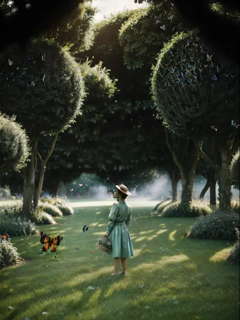 One stands on green grass，One man only，Its surrounded by butterflies，Close-up of characters，orthofacial，There is a thick fog behind it，symetrical composition，Characters stand in a flock of butterflies，Butterflies surround people，Many butterflies，symetrical...