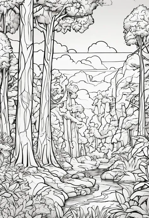 Coloring book of statues in the forest,Cartoon style,thickline,color no,white backgrounid,Dash only