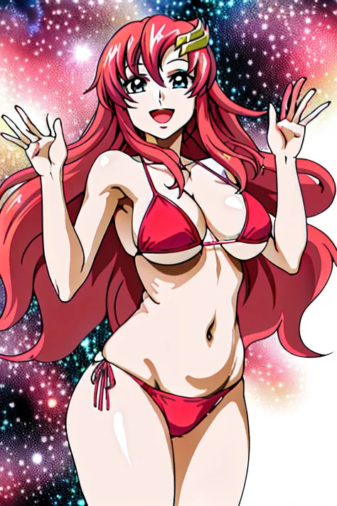 (masutepiece, 4K, Best Quality, Anime style: 1.9, bold drawing lines, High color saturation, Space background, Detailed face, tall, Adult Woman, lovely, (White background), Drawing lines, hight resolution, Anime, lacus4. (Bikini), 1girl in, Solo, curvy fig...