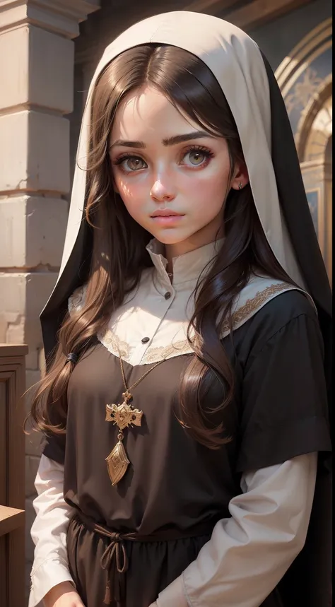 oil painted, Parsuna, pretty, Modest, Shy, Serious girl with long brown hair, brown eye, looking at the camera, Slavic appearance, novice nun, Soulful face, In the temple, soft light, high quality textures, higly detailed, canvas texture, realistness