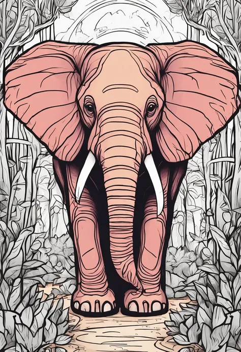 Coloring book of an elephant in the forest,Cartoon style,thickline,color no,white backgrounid,Dash only