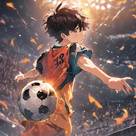 "A young boy passionately playing soccer with impressive skills, displaying impeccable control over the ball, intense focus, and boundless energy."