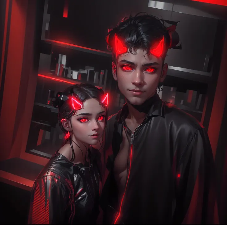 they are dressed up in costumes for a party, metal cat ears and glowing eyes, metal and glowing eyes, in cyberpunk style, horns and red eyes, with red glowing eyes, cyberpunk style ， hyperrealistic, hyper-realistic cyberpunk style, with glowing red eyes, a...