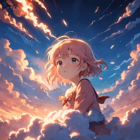 masterpiece, best quality, movie still, 1girl, cloud girl, floating in the sky, close-up, bright, happy, warm soft lighting, sunset, (sparks:0.7)