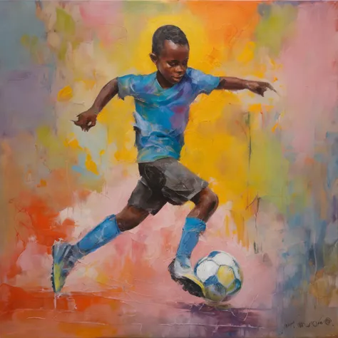 (a young boy playing soccer with great energy and skill)