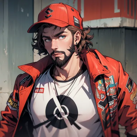 feuille de personnage, white male with very curly short hair and beard, Casquette de baseball rouge, veste utilitaire noire et rouge, automobiliste, High quality, beau, Pantalon de costume noir, light hair,