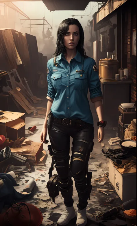 Dark and gloomy full-body 8K drive rendering, ciborgue adolescente feminino, cabelo azul, vestindo armadura de batalha quebrada, in cluttered and messy shack, action shot, camisa rasgada esfarrapada, pele rachada de porcelana, poros da pele, detailed intri...