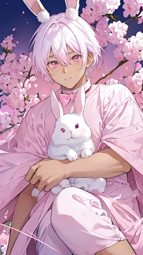 "Pink-eyed boy with dark skin tone white hair, chubby, fat, wearing a pink shirt, rabbit ears and a pink choker, looking directly at the viewer. a bunny boy"