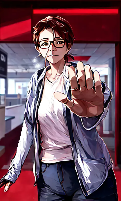 anime of bespectacled woman making stop sign with her hand in front of her, left hand to the side, 5 feet away from the camera, ...