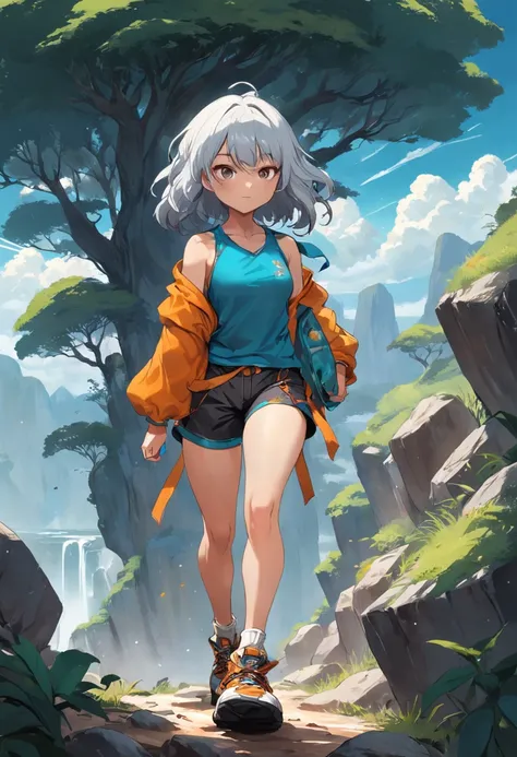 a woman walking down a cliff path with a large tree on the ground and around several bright gemstones being that the character is in a frontal pose with her hands down, e botas de caminhada, 1girl, solo, cabelo preto, camiseta laranja, luva de boxe, luva d...