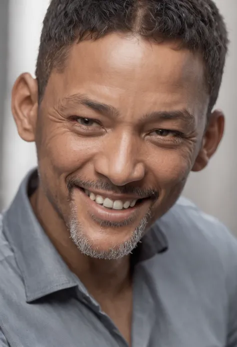 Will Smith, en blanco y negro, con una mirada a la camara, con una sonrisa