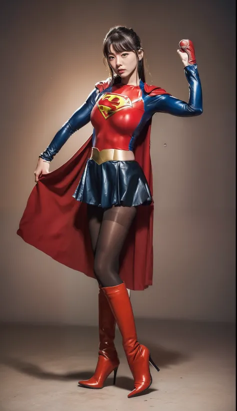 (((Make the most of the original image)))、(((Supergirl Costume)))、(((lustrous dark hair)))、(((Suffering)))、(((Feet must necessarily be worn with black tights)))、(((You need to wear red boots)))、((Top image quality、8K))、((top-quality、8K、​masterpiece:1.3))、C...