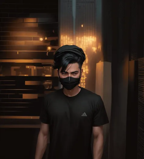 there is a man wearing a mask and a black shirt, wearing all black mempo mask, wearing mask, wearing facemask, in the style of sifu 🔥 😎 🕹️ 👀 :2, realism artstyle, portrait shot 8 k, wearing a mask, facemask, made with photoshop, mohamed chahin style, smoot...