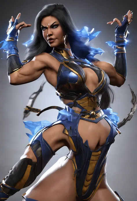 Mortal kombat 11, kitana, superlative, masterpiece, seduction, full body, heavy makeup, big eyes, glossy, very pretty face, slender waist, sex pack, standing