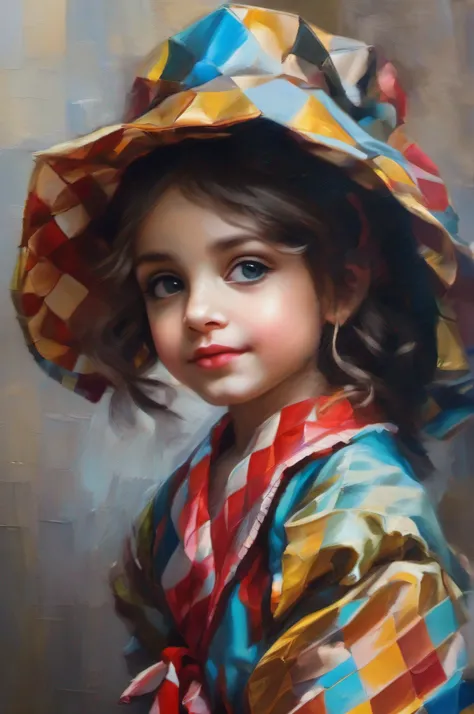 Little cute girl Harlequin, Позирование viva, ((style artgerm)), Palette knife-oil painting, Detailed Illustration, ((Best Quality, tmasterpiece)), Extreme detailing, 8K