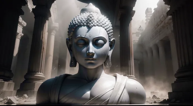 "Marble sculpture portrait of Buddhas face in front of a partially destroyed ancient Buddhist temple. (Buddha has serene and enlightened features, com cabelos encaracolados e vestes tradicionais.) The sculpture is illuminated by rays of light that create a...