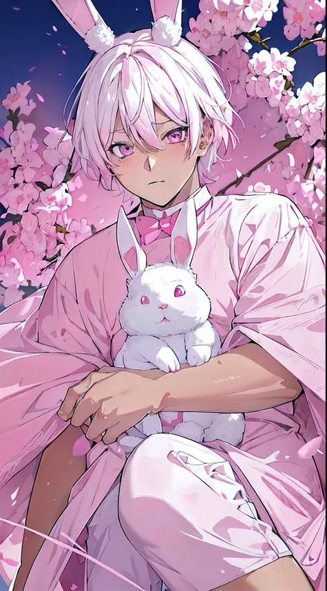 "Pink-eyed boy with dark skin tone white hair, chubby, fat, wearing a pink shirt, rabbit ears and a pink choker, looking directly at the viewer. a bunny boy"