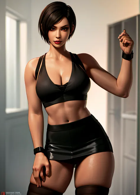 young woman 20 years old, black tube top, cleavage, black skirt, boobs, resident evil style, brown eyes, thin body, thigh highs, realistic style, 8k, medium breasts, medium butt, asian, model Ada wong realistic, real photo, realism, highres, clear face