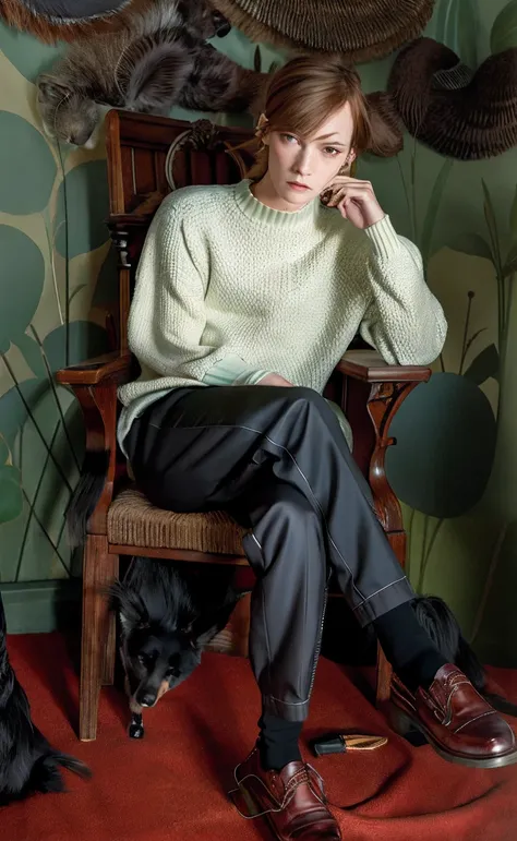 araffe sentado en una silla con una mano en la barbilla, delicate androgynous prince, emma watson sentada en la silla, tilda swi...