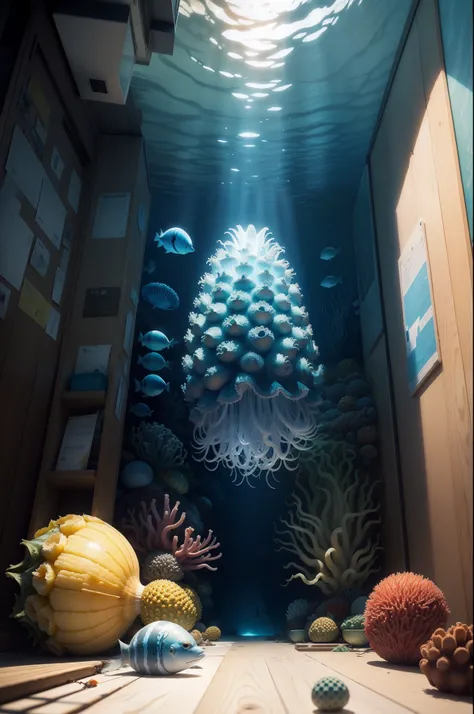 Pineapple the under the shining blue sea, jelly fish, Anemon,fish, squid,crab,coral