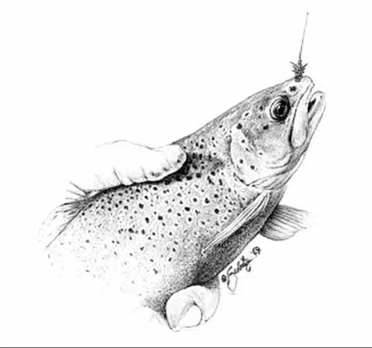 a drawing of a fish with a fly on its head, detailed illustration, highly-detailed illustration, official illustration, by Robert Maguire, a stipple, high detail illustration, by Scott Gustafson, pen - and - ink illustration, pen-and-ink illustration, stip...