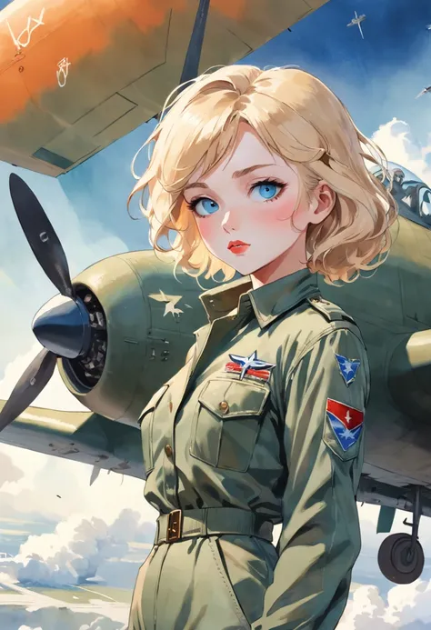 Vintage watercolor of beautiful woman with blonde hair and blue eyes very similar to Marilyn Monroe in a pin-up style military green aviator jumpsuit, in front of a war plane. Full body image of a woman.