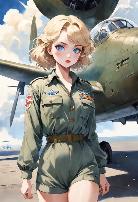 Vintage watercolor of beautiful woman with blonde hair and blue eyes very similar to Marilyn Monroe in a pin-up style military green aviator jumpsuit, in front of a war plane. Full body image of a woman.