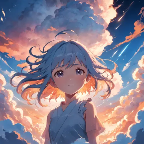 masterpiece, best quality, movie still, 1girl, cloud girl, floating in the sky, close-up, bright, happy, warm soft lighting, sunset, (sparks:0.7)