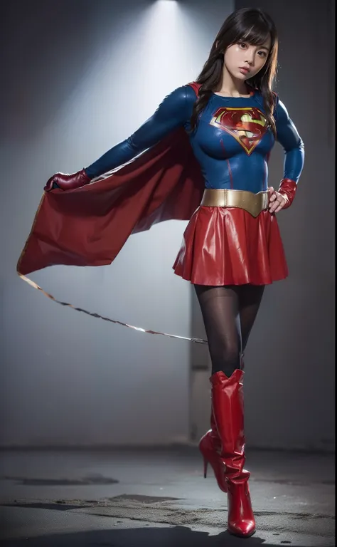 (((Make the most of the original image)))、(((Supergirl Costume)))、(((lustrous dark hair)))、(((Suffering)))、(((Feet must necessarily be worn with black tights)))、(((You need to wear red boots)))、((Top image quality、8K))、((top-quality、8K、​masterpiece:1.3))、C...