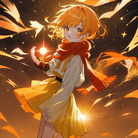 Orange-yellow gradient hair，With bangs，Hair on both sides，Cheerful and lively little girl，With a red scarf，The dress is a black skirt，adolable，There is light in the eyes，The background is night，There are stars around，The girl hangs in the air，And this girl...