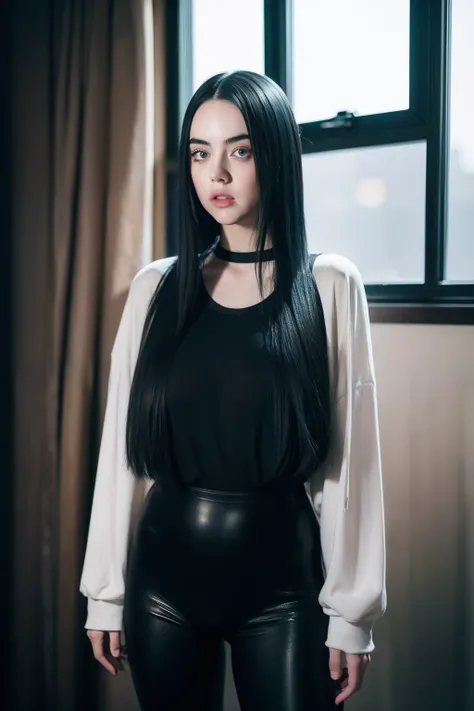 leggings girl billie eilish, superlative, masterpiece, seduction, full body, heavy makeup, hair ties, slightly open mouth, big eyes, glossy, pretty face, slender waist, sex pack, photorealistic, billie Eilish face, full body, hight quality billies eilish f...