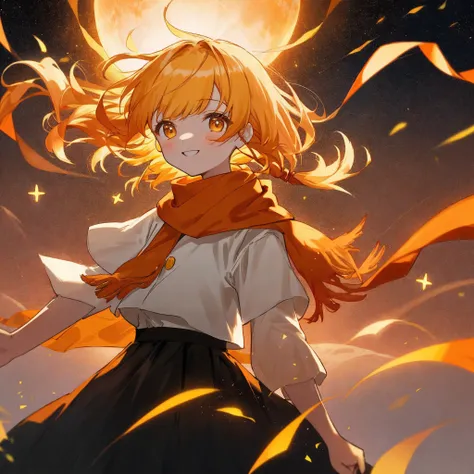 Orange-yellow gradient hair，With bangs，Hair on both sides，Cheerful and lively little girl，With a red scarf，The dress is a black skirt，adolable，There is light in the eyes，The background is night，There are stars around，The girl hangs in the air，And this girl...