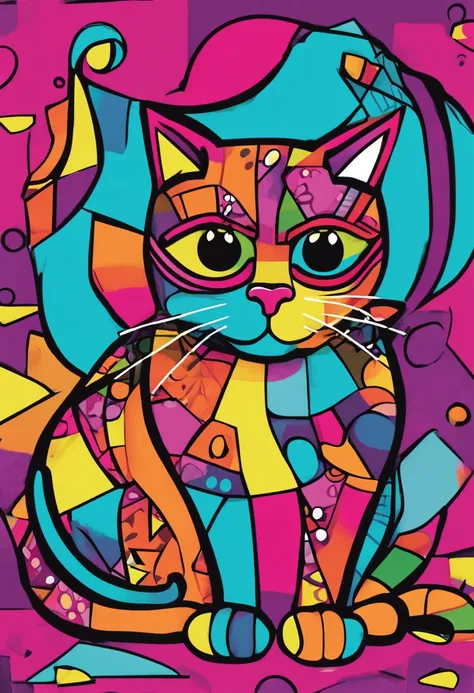 cute cat in the style of Romero Britto, block colors, very simple design, triadic color, vector line art, — ar 2:3