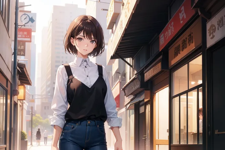 female, short hair, lightbrown hair, brown eyes , city , long black jeans , white shirt (​masterpiece、top-quality、hight resolution: 1.4),in 8K, clean detailed anime art, detailed anime art, Sharp Focus, Delicate Beautiful Hair and Eyes and Face, sunlight ,...