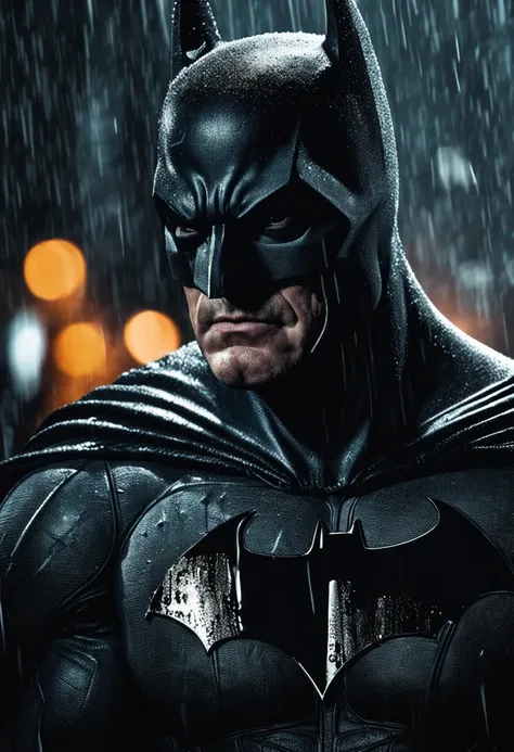 generate a stunning hyper realistic gothic style Batman poster with a close-up shot of Batmans face standing in the rain, gazing away from the viewer.