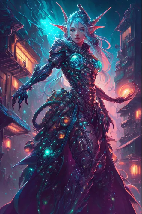 Amazing anatomy, (beautiful female Elf Biopunk), cowboy shot, dynamic pose, biopunk city background, (shiny skin), (slimy, organic, glistening, bioluminescence), (64k ultra hd:1.1), (art by apterus, art by dan mumford, art by lovecraft:1.2), best quality, ...