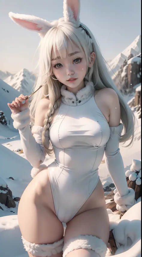 Furry, white rabbit girl, furry skin, skimpy clothes, rabbit tail, rabbit ears, Korean face with slight rabbit features, snowy mountains