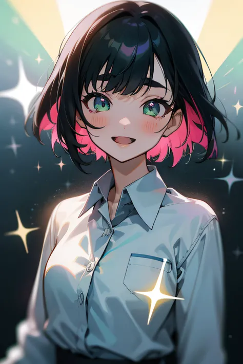 Akane Kurokawa, Oshi no Ko, +_+, 1girl, bangs, blurry, collared_shirt, eyebrows_visible_through_hair, green_eyes, looking_at_viewer, multicolored_hair, open_mouth, shirt, short_hair, smile, solo, sparkle, star_(symbol), symbol-shaped_pupils, white_shirt