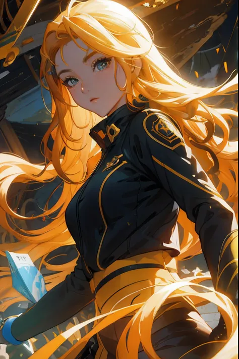 Garota anime com cabelo loiro longo e cabelo amarelo em uma roupa preta, portrait knights of zodiac girl, Artgerm JSC, portrait of a female anime hero, inspirado em Yang J, Artgerm extremamente detalhado, estilo Artgerm, Senna de League of Legends, Modelo ...