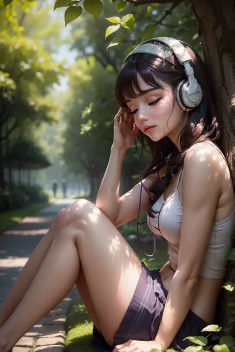 A woman, sits on a tranquil beneath the shade of a blossoming cherry tree. Shes the centerpiece of the image, engrossed in her own world. The girl wears a contented smile, her eyes closed, and a pair of stylish headphones covering her ears. The headphones ...