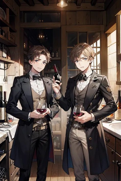 twinks　deacon　steampunc　male people　Holding a bottle of wine