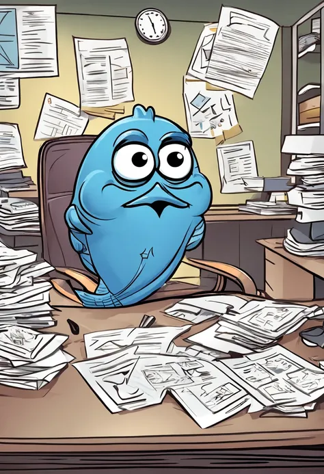 "Draw a company mascot being a 3d blue fish drawing dressed in an elegant suit, sitting in front of an organized office, with papers and graphics scattered around you. Certifique-se de mostrar o peixe concentrado e focado em seu trabalho no computador.”